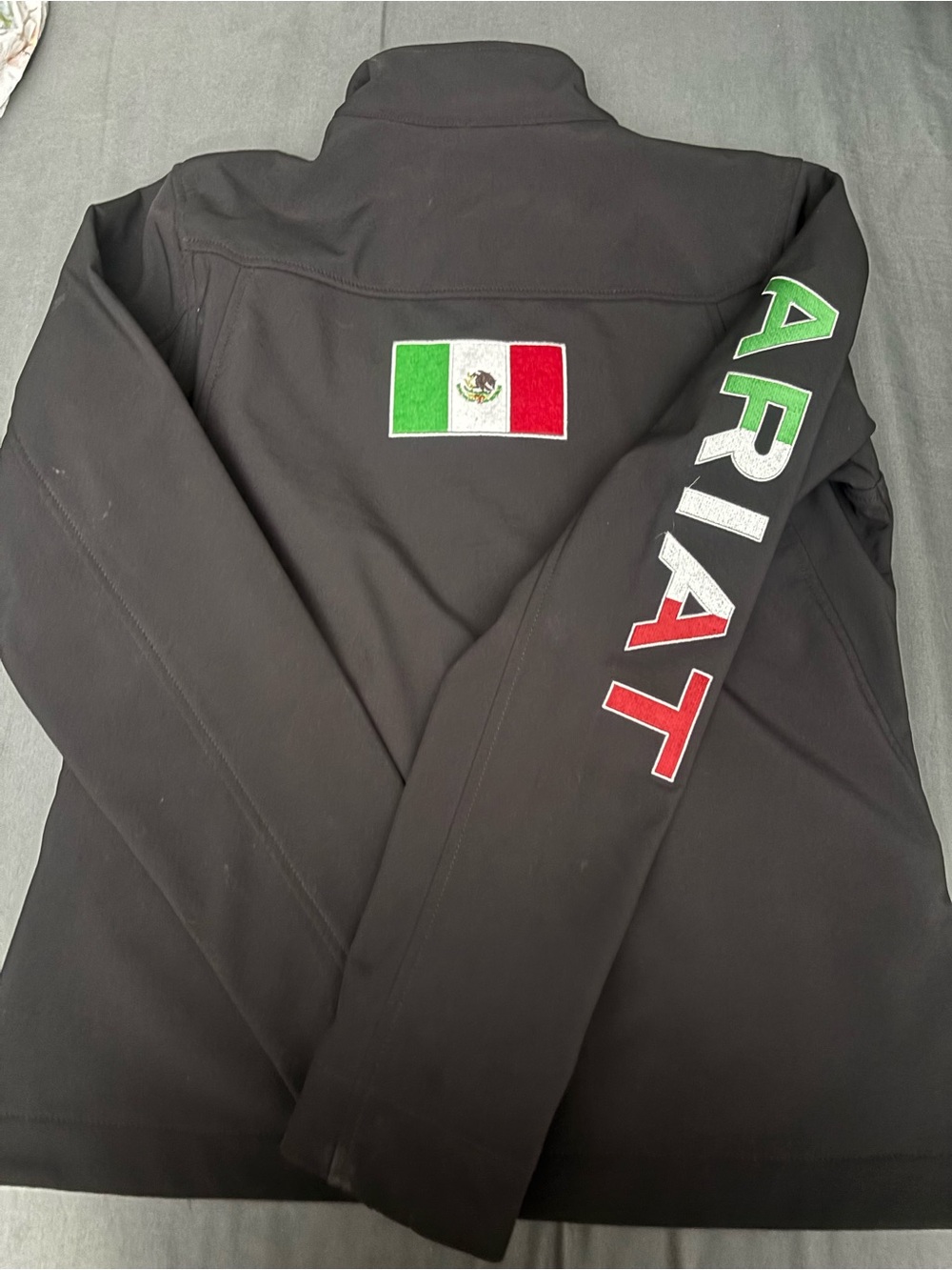 Black Men's Jacket with Mexico Flag and 'ARIAT' Sleeve